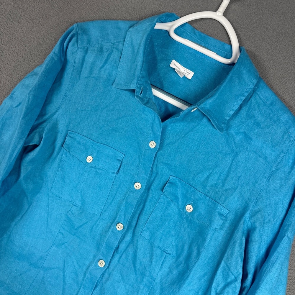 J. Jill Button Down Shirt Womens Small Petite Blue Linen Long Sleeve Pocketed